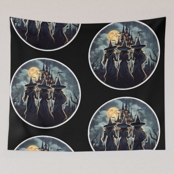 Item preview,  Three witches, happy halloween, three witches standing backwards, pumpkins designed and sold by PRYMULLART.