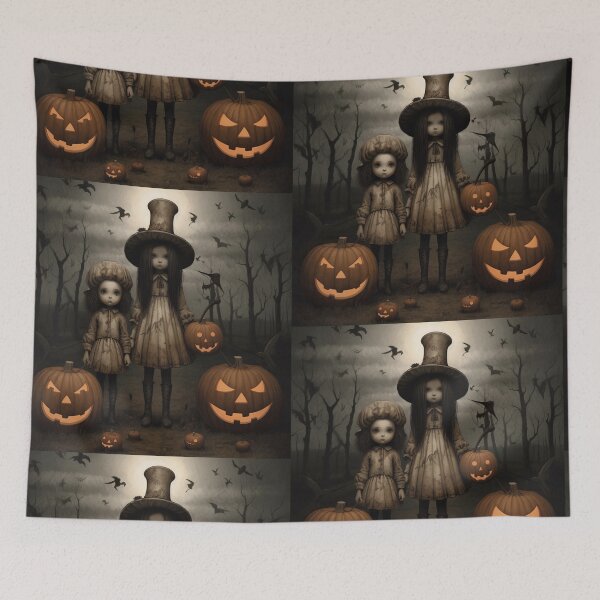 Item preview, witches, happy halloween, three witches standing backwards, pumpkins designed and sold by PRYMULLART.