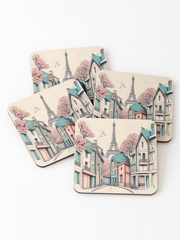Thumbnail 1 of 5, Coasters (Set of 4), Old Traditional French house Chateaux Homes, minimalistic ink drawing designed and sold by Patricks-Art.