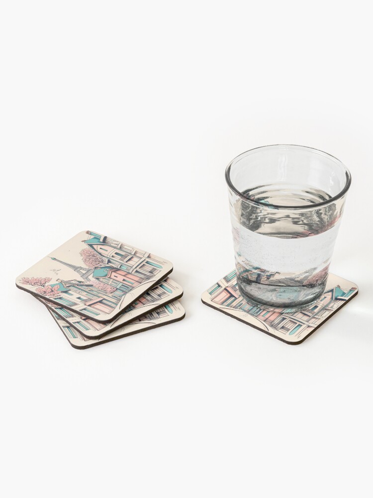 Thumbnail 2 of 5, Coasters (Set of 4), Old Traditional French house Chateaux Homes, minimalistic ink drawing designed and sold by Patricks-Art.