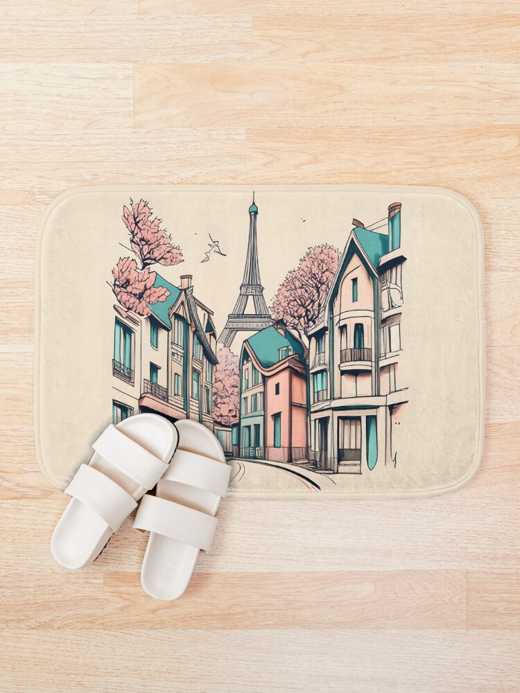 Thumbnail 1 of 6, Bath Mat, Old Traditional French house Chateaux Homes, minimalistic ink drawing designed and sold by Patricks-Art.