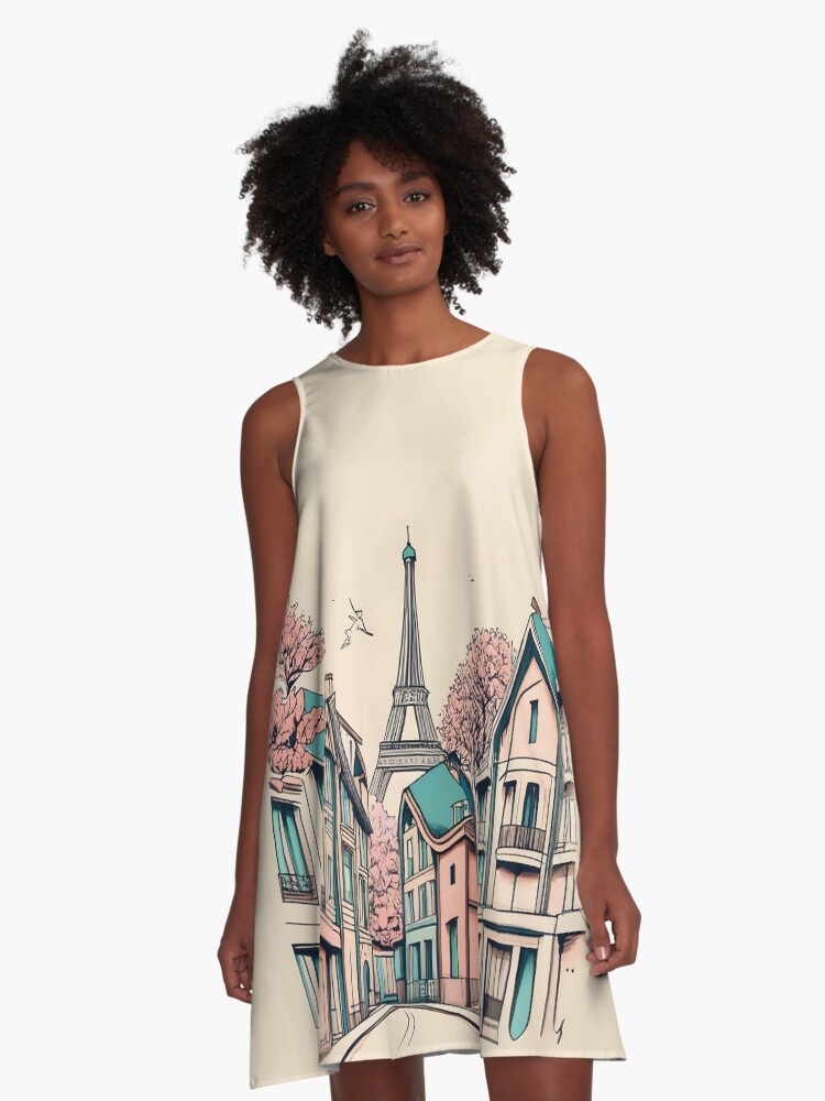 Thumbnail 1 of 4, A-Line Dress, Old Traditional French house Chateaux Homes, minimalistic ink drawing designed and sold by Patricks-Art.