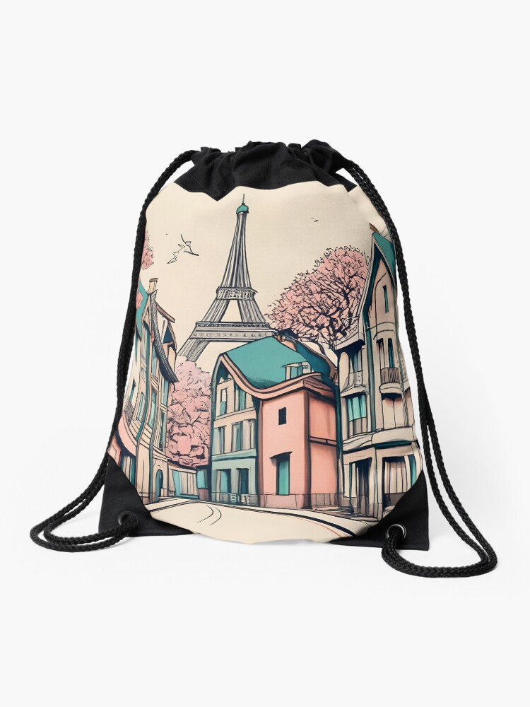 Thumbnail 1 of 3, Drawstring Bag, Old Traditional French house Chateaux Homes, minimalistic ink drawing designed and sold by Patricks-Art.