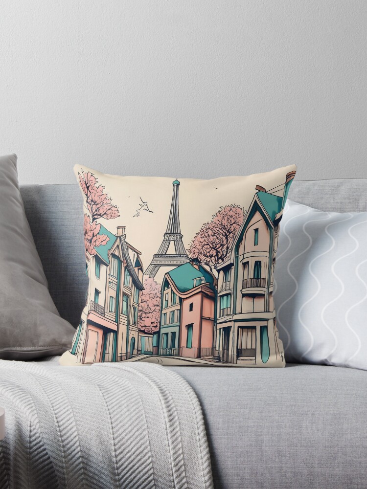 Thumbnail 1 of 4, Pillow, Old Traditional French house Chateaux Homes, minimalistic ink drawing designed and sold by Patricks-Art.