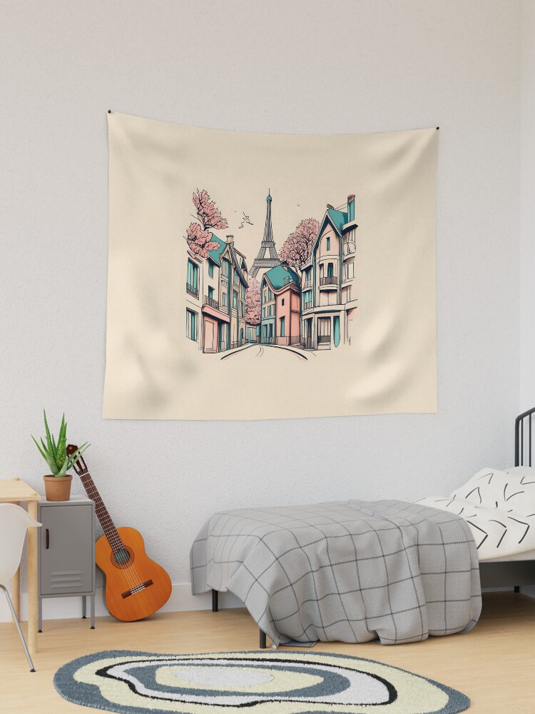 Thumbnail 1 of 3, Tapestry, Old Traditional French house Chateaux Homes, minimalistic ink drawing designed and sold by Patricks-Art.