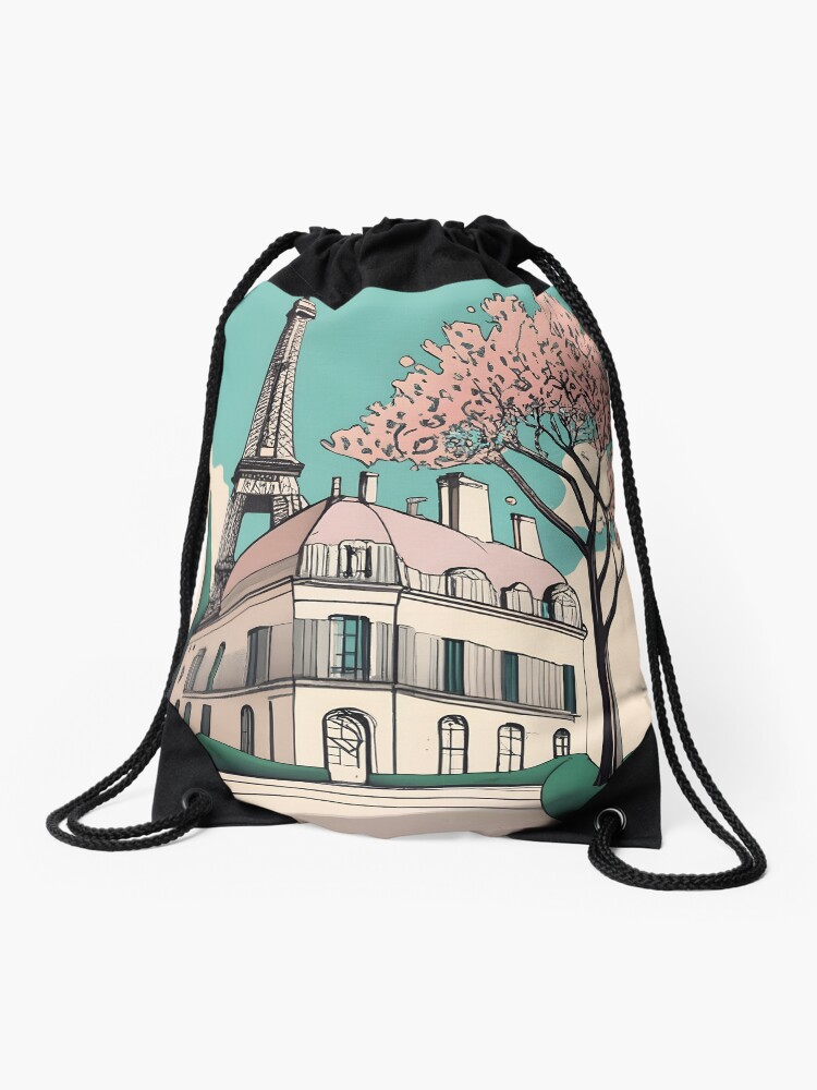 Thumbnail 1 of 3, Drawstring Bag, Old Traditional French house Chateaux Homes Drawing designed and sold by Patricks-Art.