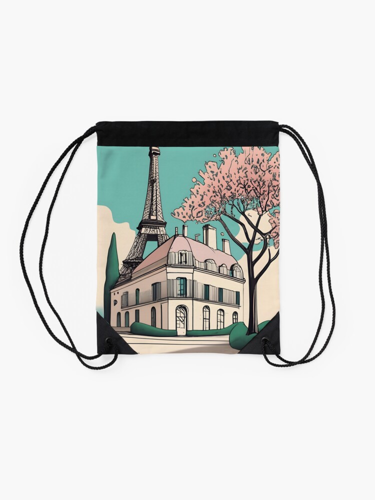 Thumbnail 2 of 3, Drawstring Bag, Old Traditional French house Chateaux Homes Drawing designed and sold by Patricks-Art.