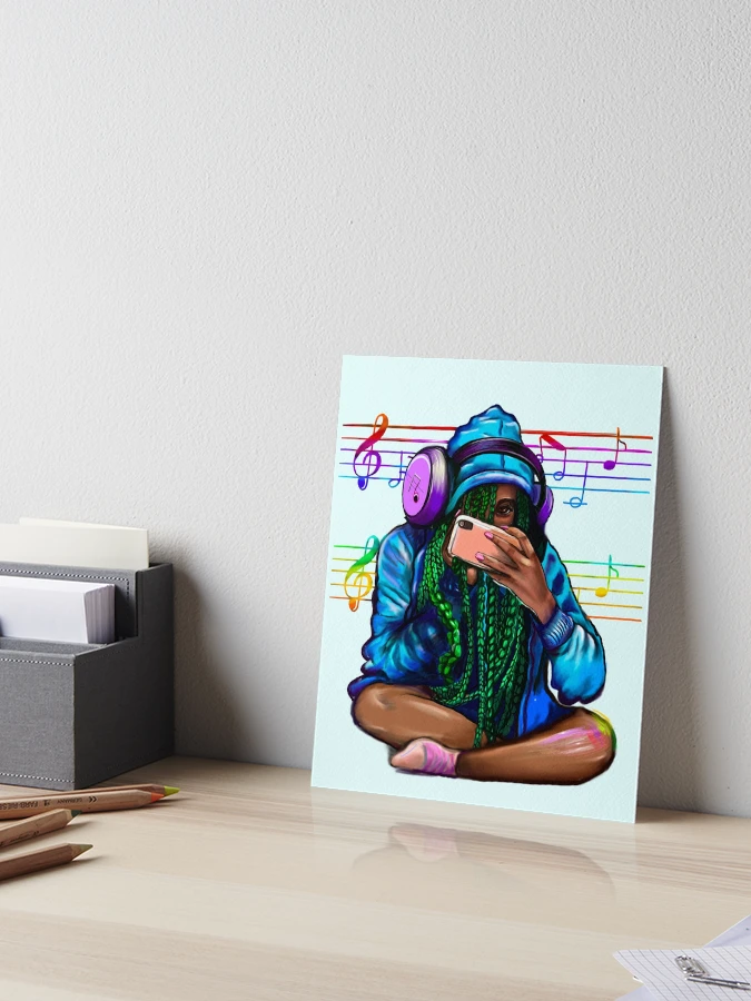 Cool edgy black girl listening to music through headphones with