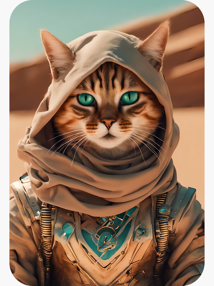 Sticker for Sale mit Der Krieger – Science-Fiction-Katze in der Wüste –  Fantasy-Katzenkunst von Alcyonian