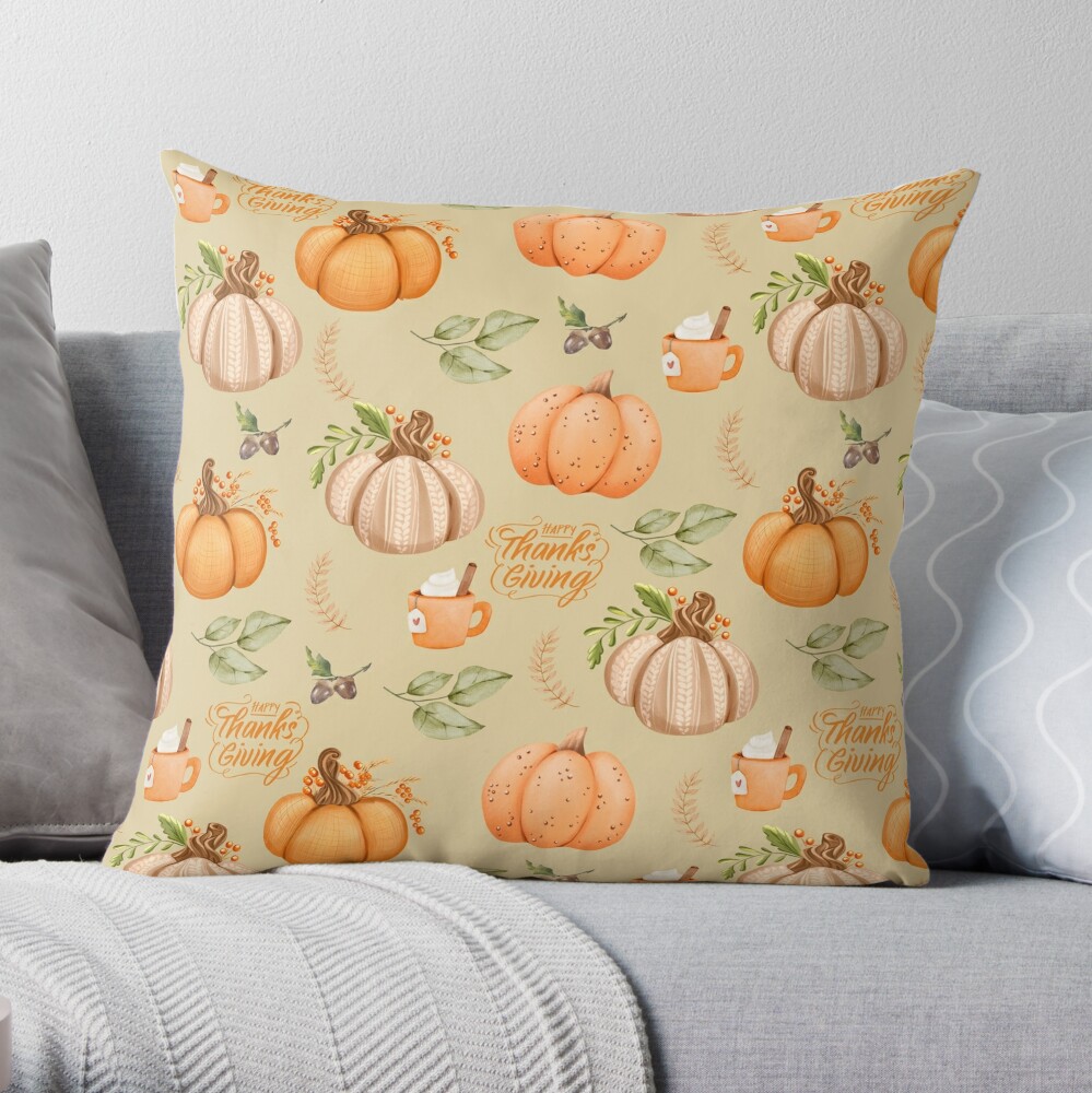 Thanksgiving aesthetic fall pumpkin pattern - beige background Throw Pillow  for Sale by Smitzprints