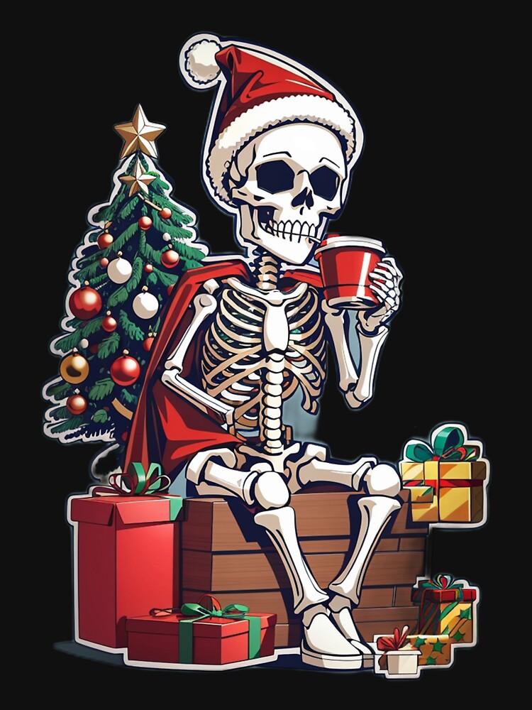 Disover Christmas skeleton drinking coffe - Illustration style  T-Shirt