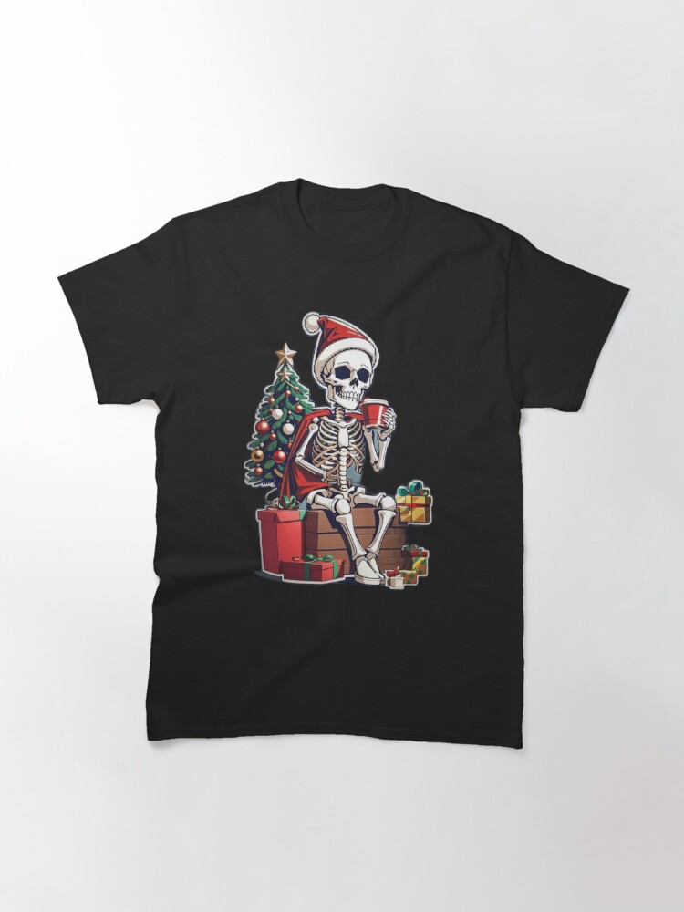 Discover Christmas skeleton drinking coffe - Illustration style  T-Shirt