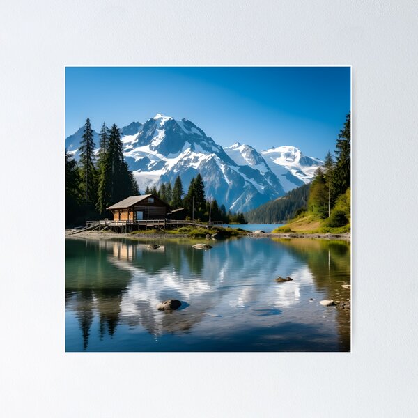 Item preview, Alpine Retreat, Wooden Cabins by Snow-Capped Lake View designed and sold by aiartbay.