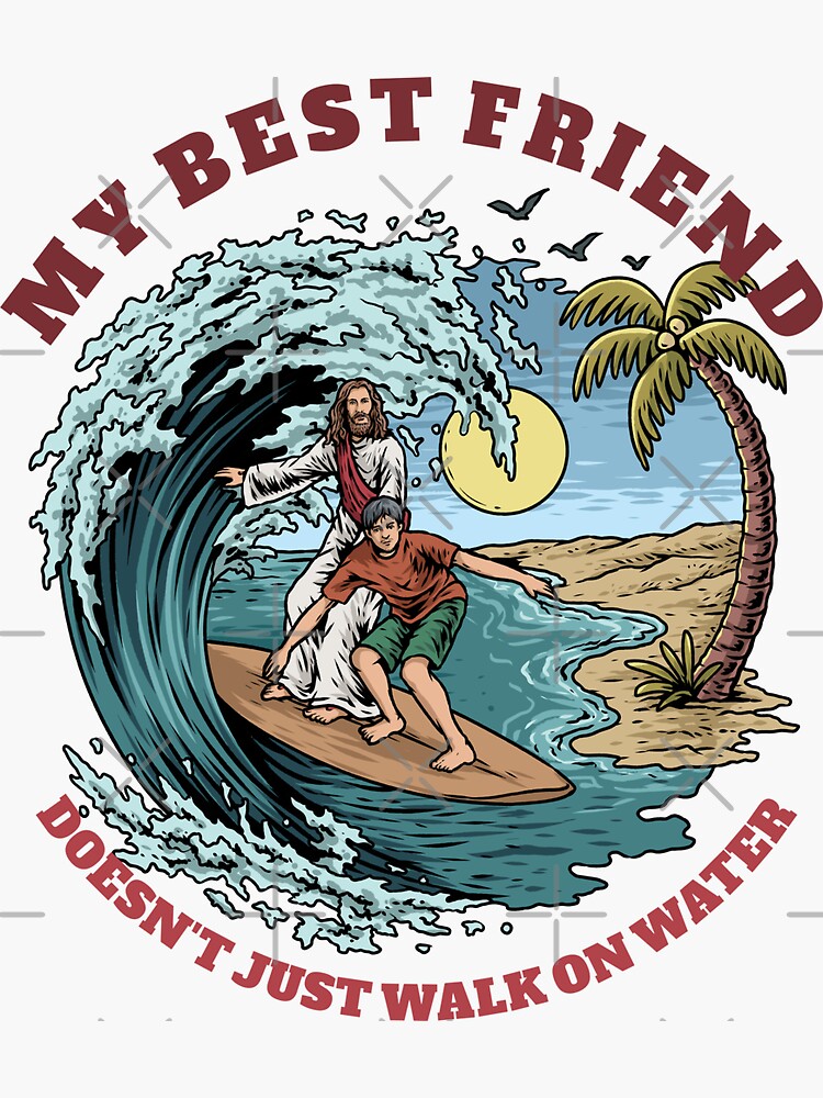 Thumbnail 3 of 3, Sticker, Jesus & Dude Surfing designed and sold by ChristlikeMerch.