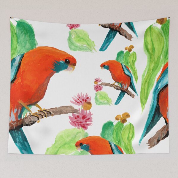 Item preview, Crimson Rosella in the Gum Tree Gouache Painting designed and sold by Jaana Day.
