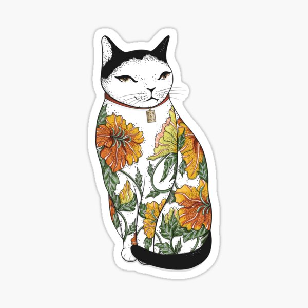 Cat in Tiger Flower Tattoo Sticker