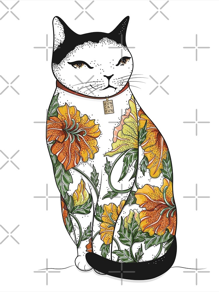 Carte De Vœux Chat Dans Le Tatouage De Fleur De Tigre Par Runcatrun Redbubble