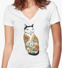 Cat in Tiger Flower Tattoo Women's Fitted V-Neck T-Shirt