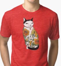 Cat in Tiger Flower Tattoo Tri-blend T-Shirt
