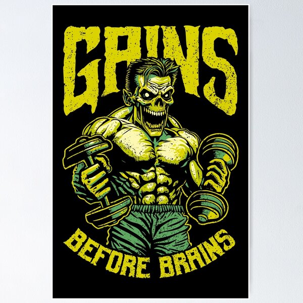 Gains Before Brains Zombie Gym Rat Fitness - Camiseta de alta calidad para  Halloween