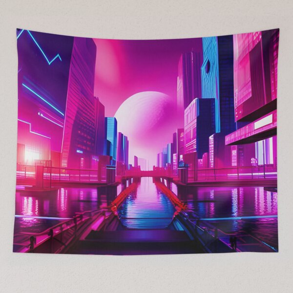 Item preview, Moon Rising Overhead A Vaporwave Cyber City designed and sold by Ink Art Design.