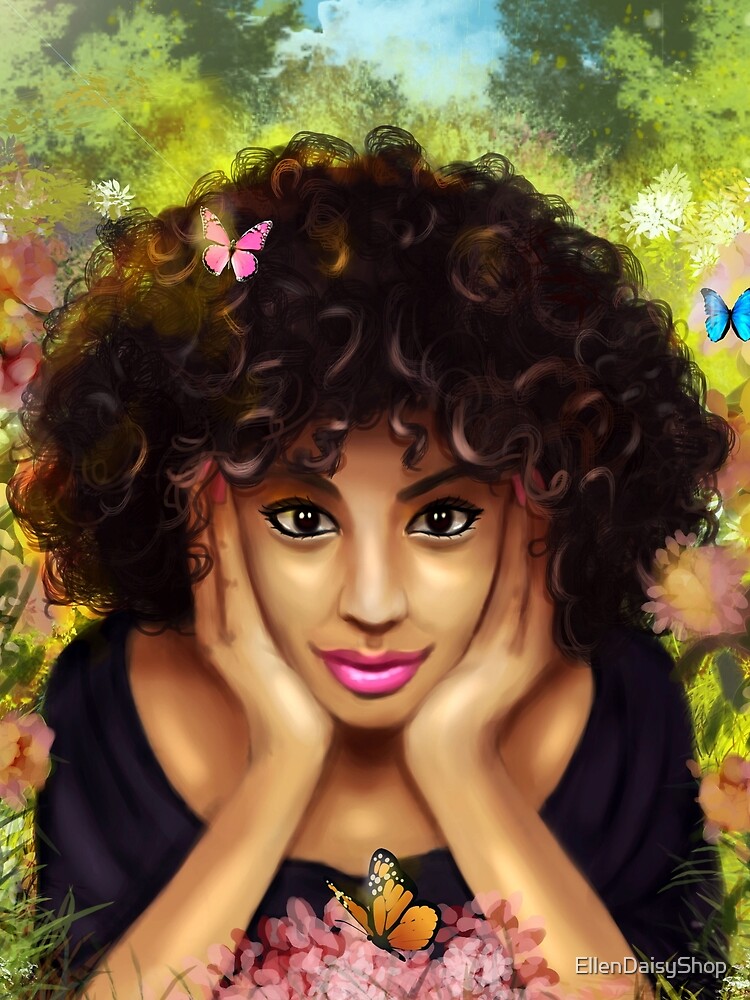 Curly Hair Pretty Girl Butterfly Floral Garden by EllenDaisyShop