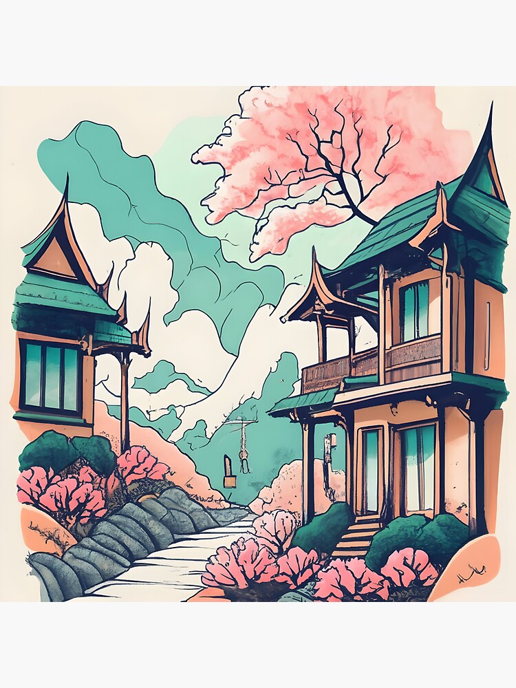 Thumbnail 3 of 3, Sticker, Old Traditional Thailand house Baan Drawing designed and sold by Patricks-Art.