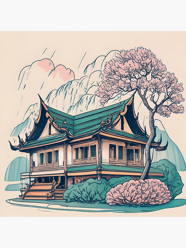 Thumbnail 3 of 3, Pin, Old Traditional Thailand house Baan Drawing designed and sold by Patricks-Art.