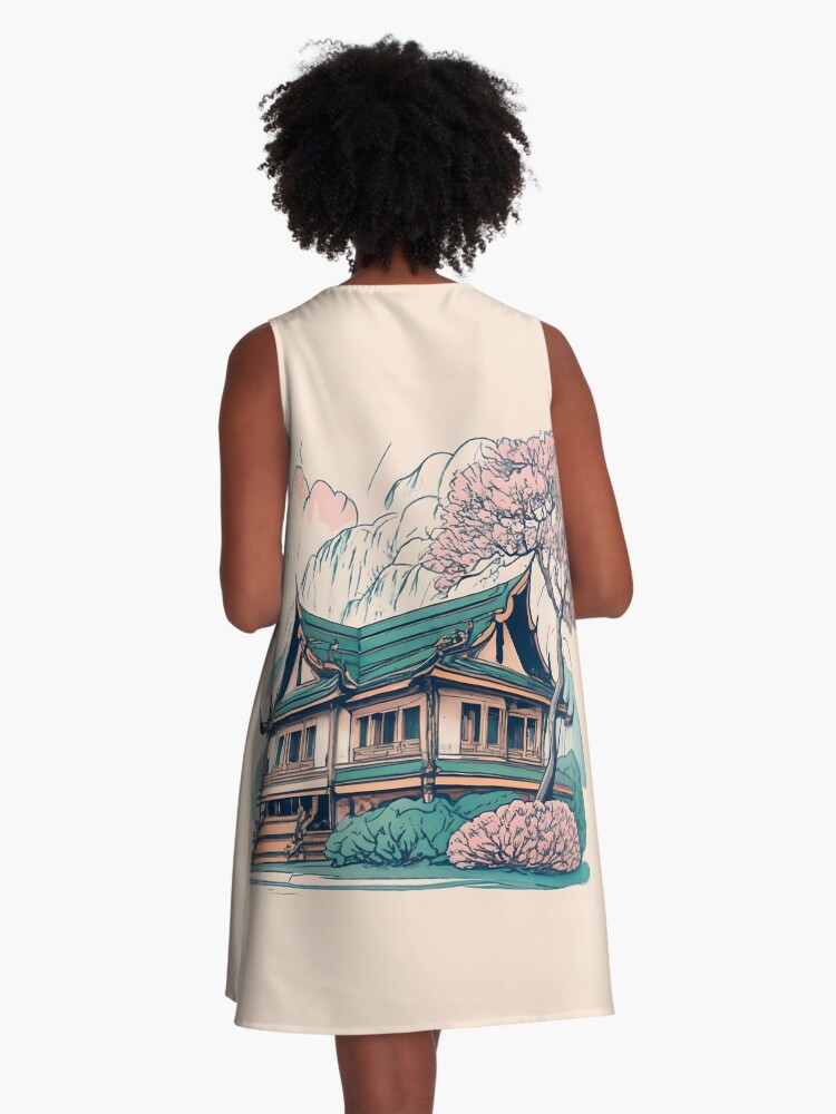 Thumbnail 3 of 4, A-Line Dress, Old Traditional Thailand house Baan Drawing designed and sold by Patricks-Art.