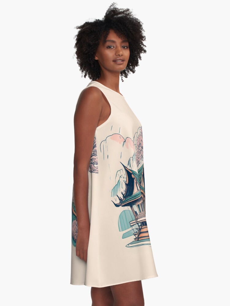 Thumbnail 2 of 4, A-Line Dress, Old Traditional Thailand house Baan Drawing designed and sold by Patricks-Art.