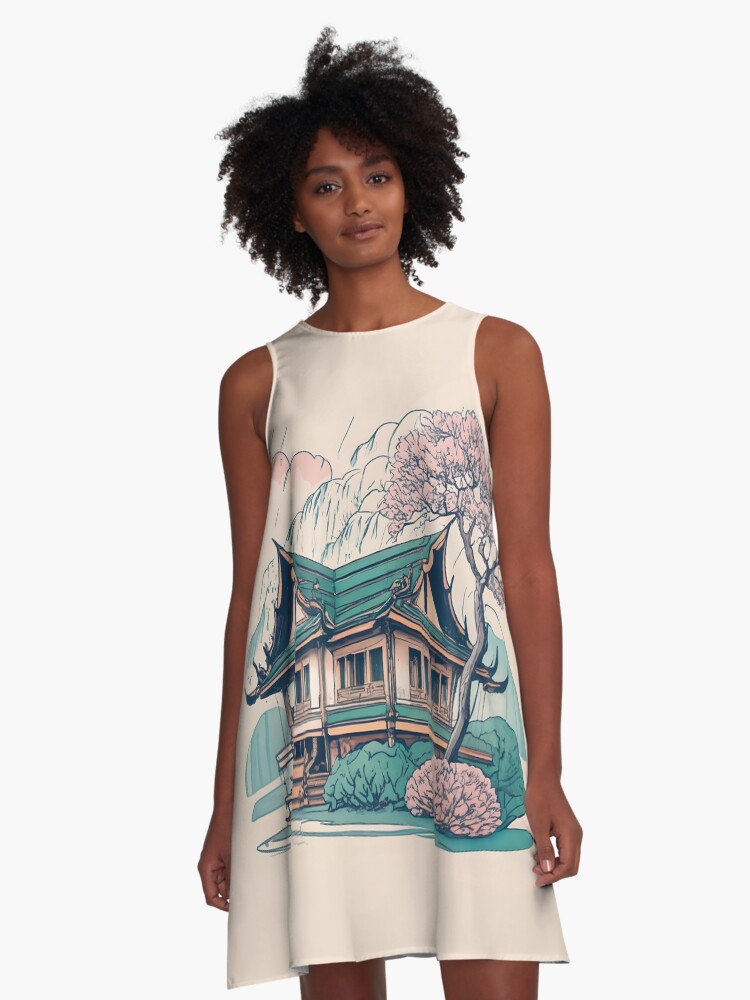 Thumbnail 1 of 4, A-Line Dress, Old Traditional Thailand house Baan Drawing designed and sold by Patricks-Art.
