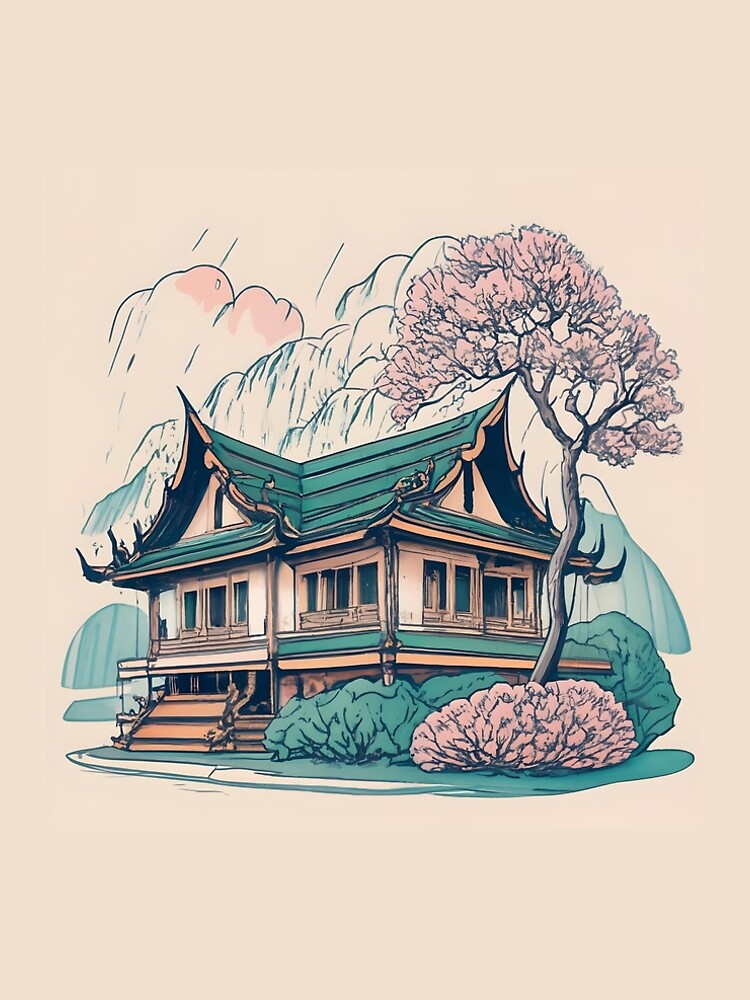 Thumbnail 4 of 4, A-Line Dress, Old Traditional Thailand house Baan Drawing designed and sold by Patricks-Art.