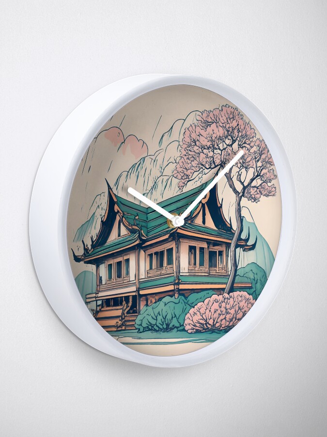 Thumbnail 1 of 4, Clock, Old Traditional Thailand house Baan Drawing designed and sold by Patricks-Art.