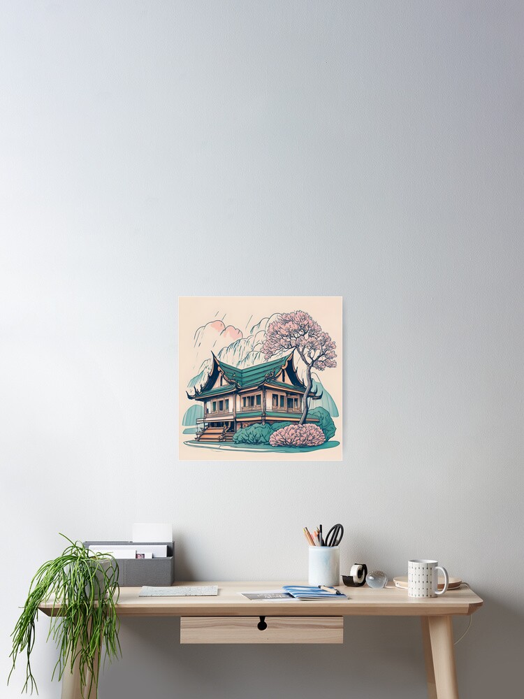 Thumbnail 2 of 3, Poster, Old Traditional Thailand house Baan Drawing designed and sold by Patricks-Art.