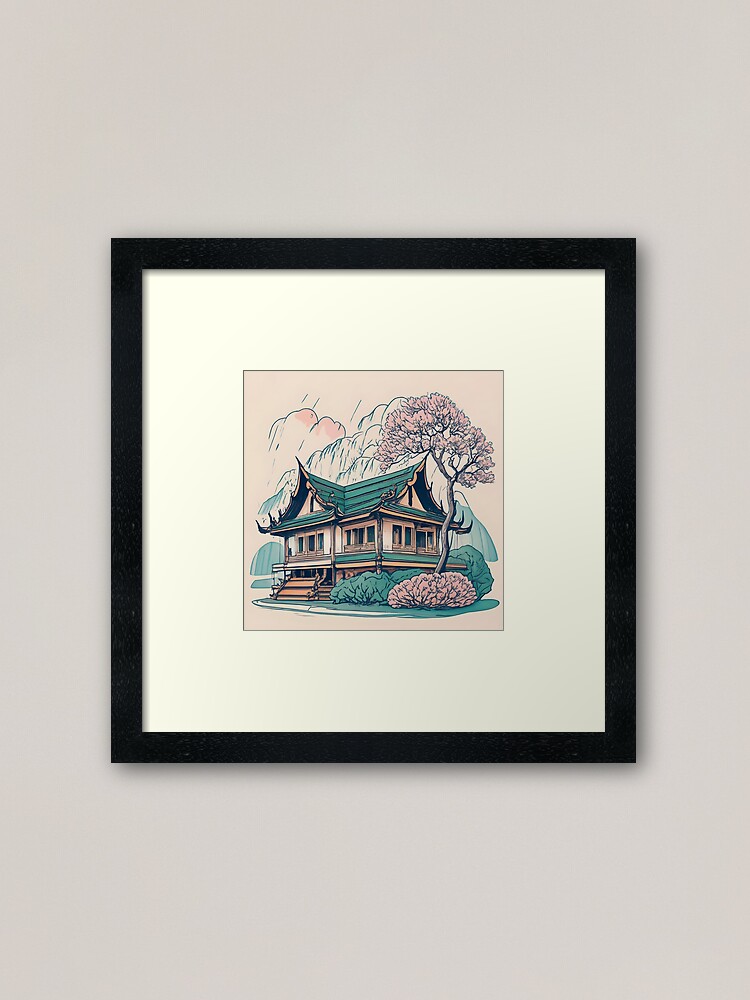 Thumbnail 1 of 7, Framed Art Print, Old Traditional Thailand house Baan Drawing designed and sold by Patricks-Art.