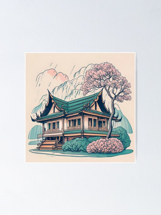 Thumbnail 1 of 3, Poster, Old Traditional Thailand house Baan Drawing designed and sold by Patricks-Art.