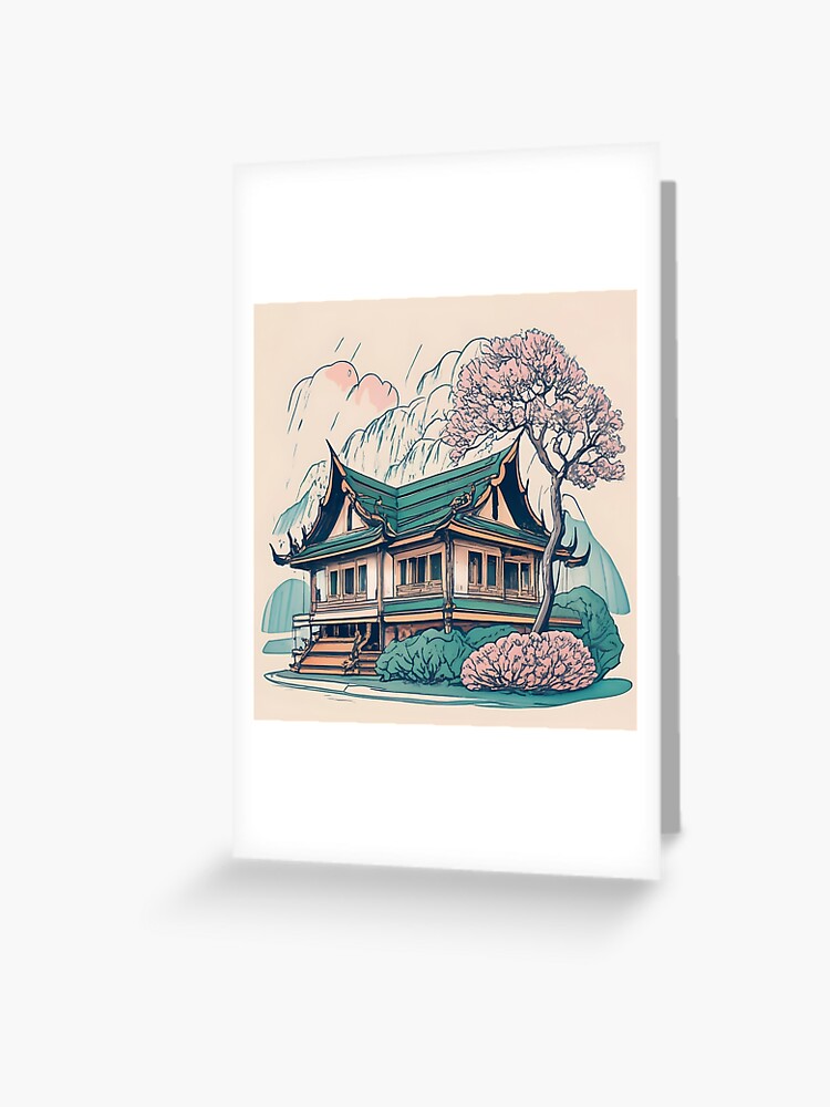 Thumbnail 1 of 2, Greeting Card, Old Traditional Thailand house Baan Drawing designed and sold by Patricks-Art.