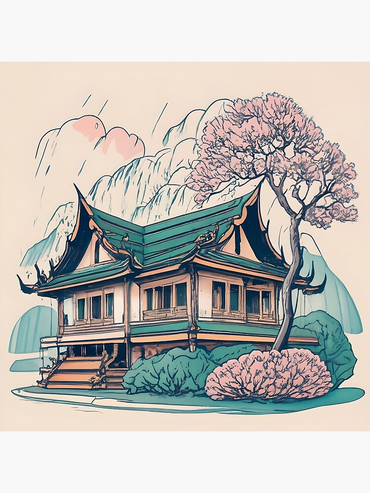 Thumbnail 2 of 2, Art Board Print, Old Traditional Thailand house Baan Drawing designed and sold by Patricks-Art.