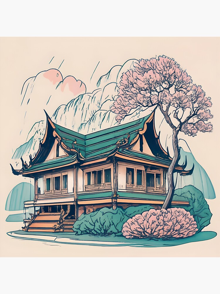 Thumbnail 4 of 4, Sticker, Old Traditional Thailand house Baan Drawing designed and sold by Patricks-Art.