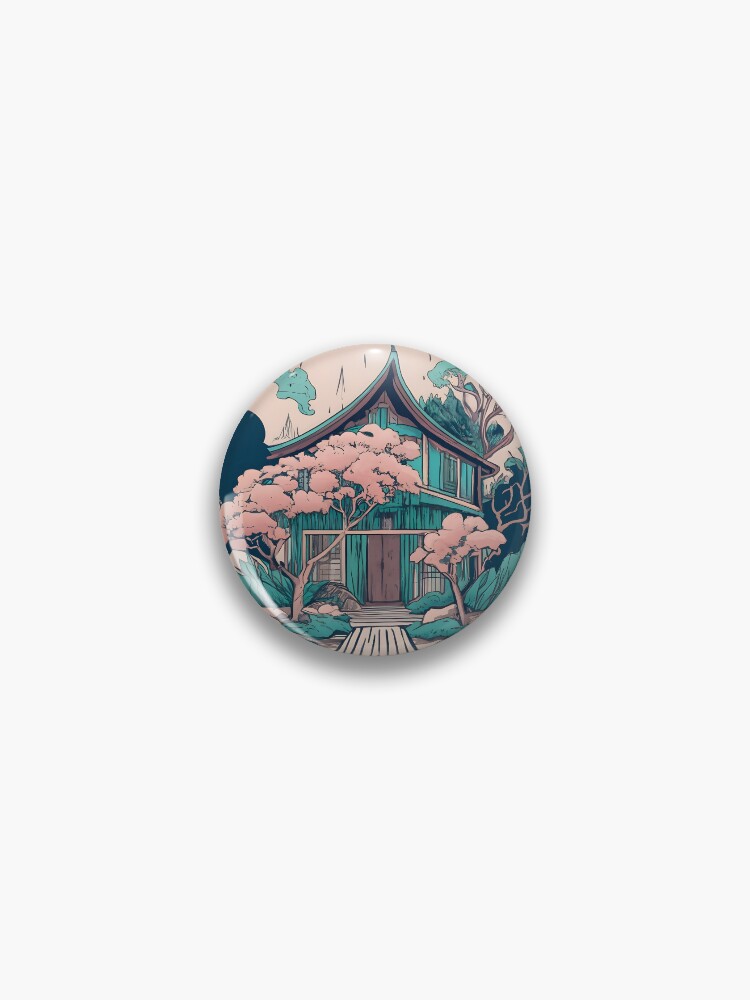 Thumbnail 1 of 3, Pin, Old Traditional Thailand house Baan, minimalistic ink drawing designed and sold by Patricks-Art.
