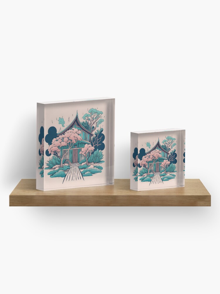 Thumbnail 4 of 5, Acrylic Block, Old Traditional Thailand house Baan, minimalistic ink drawing designed and sold by Patricks-Art.
