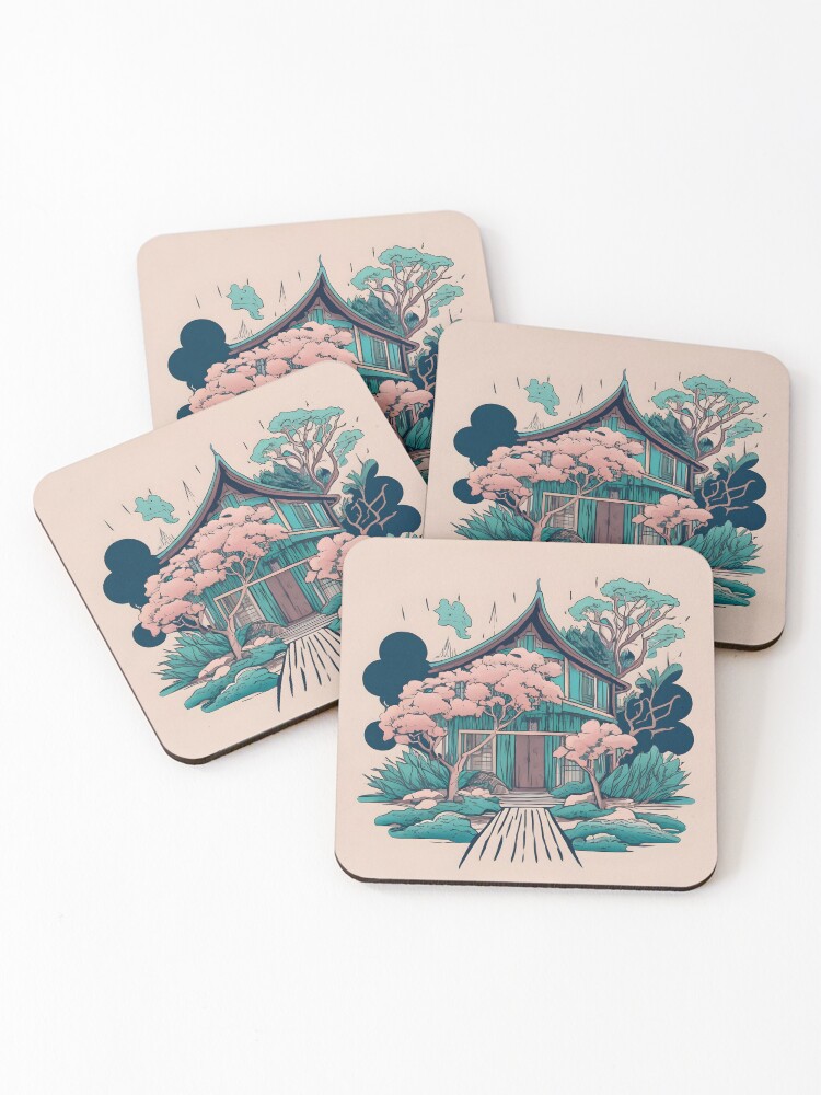 Thumbnail 1 of 5, Coasters (Set of 4), Old Traditional Thailand house Baan, minimalistic ink drawing designed and sold by Patricks-Art.