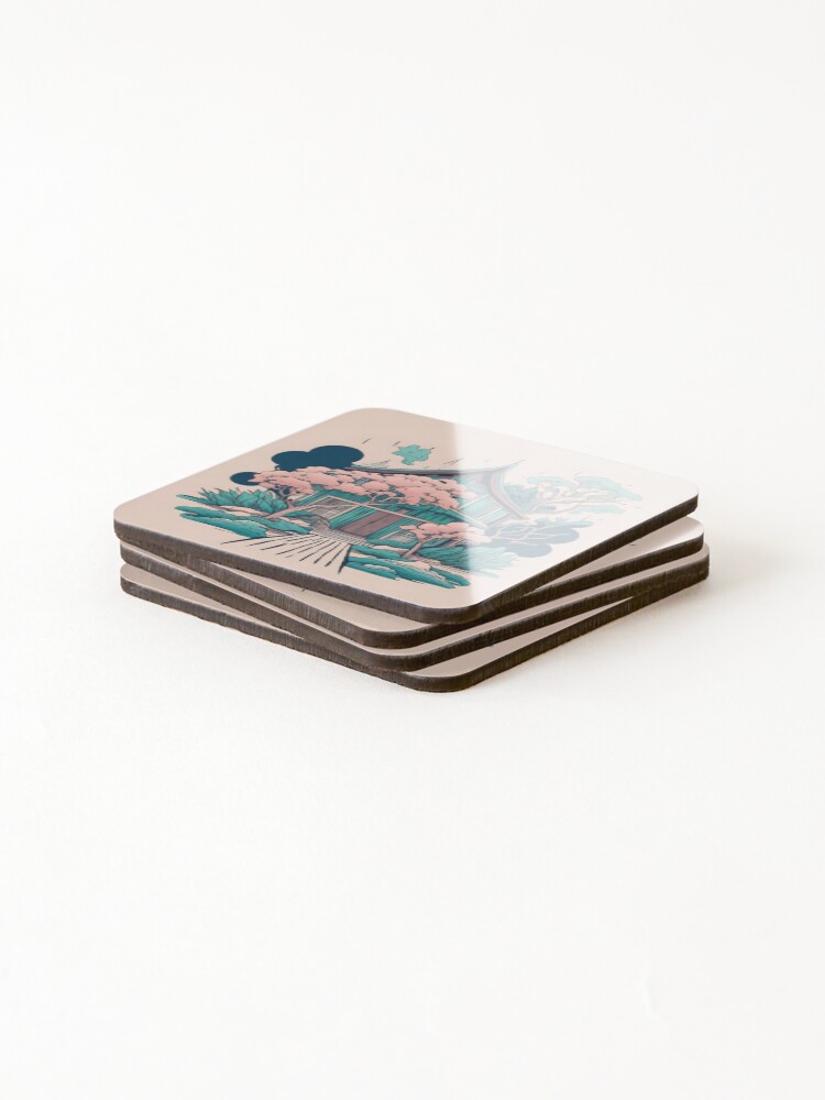 Thumbnail 4 of 5, Coasters (Set of 4), Old Traditional Thailand house Baan, minimalistic ink drawing designed and sold by Patricks-Art.