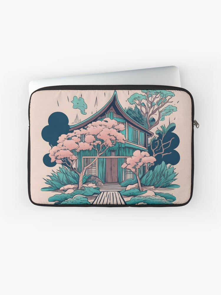 Thumbnail 1 of 2, Laptop Sleeve, Old Traditional Thailand house Baan, minimalistic ink drawing designed and sold by Patricks-Art.