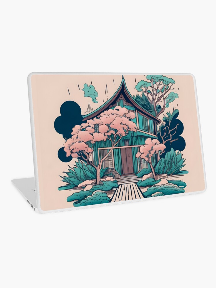 Thumbnail 1 of 2, Laptop Skin, Old Traditional Thailand house Baan, minimalistic ink drawing designed and sold by Patricks-Art.