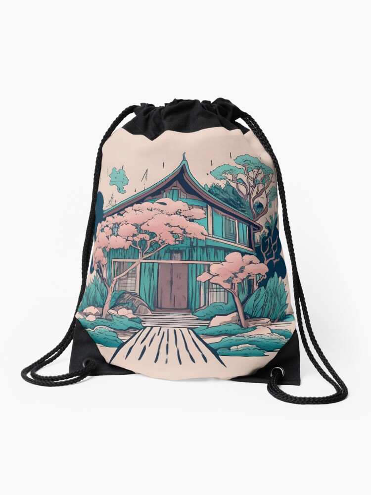Thumbnail 1 of 3, Drawstring Bag, Old Traditional Thailand house Baan, minimalistic ink drawing designed and sold by Patricks-Art.