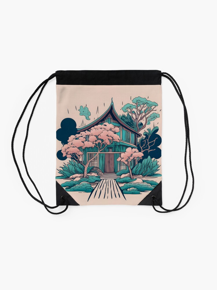 Thumbnail 2 of 3, Drawstring Bag, Old Traditional Thailand house Baan, minimalistic ink drawing designed and sold by Patricks-Art.