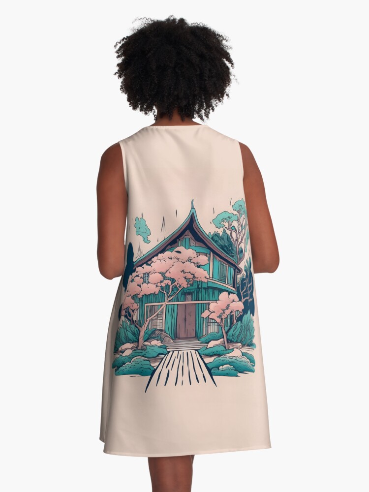 Thumbnail 3 of 4, A-Line Dress, Old Traditional Thailand house Baan, minimalistic ink drawing designed and sold by Patricks-Art.