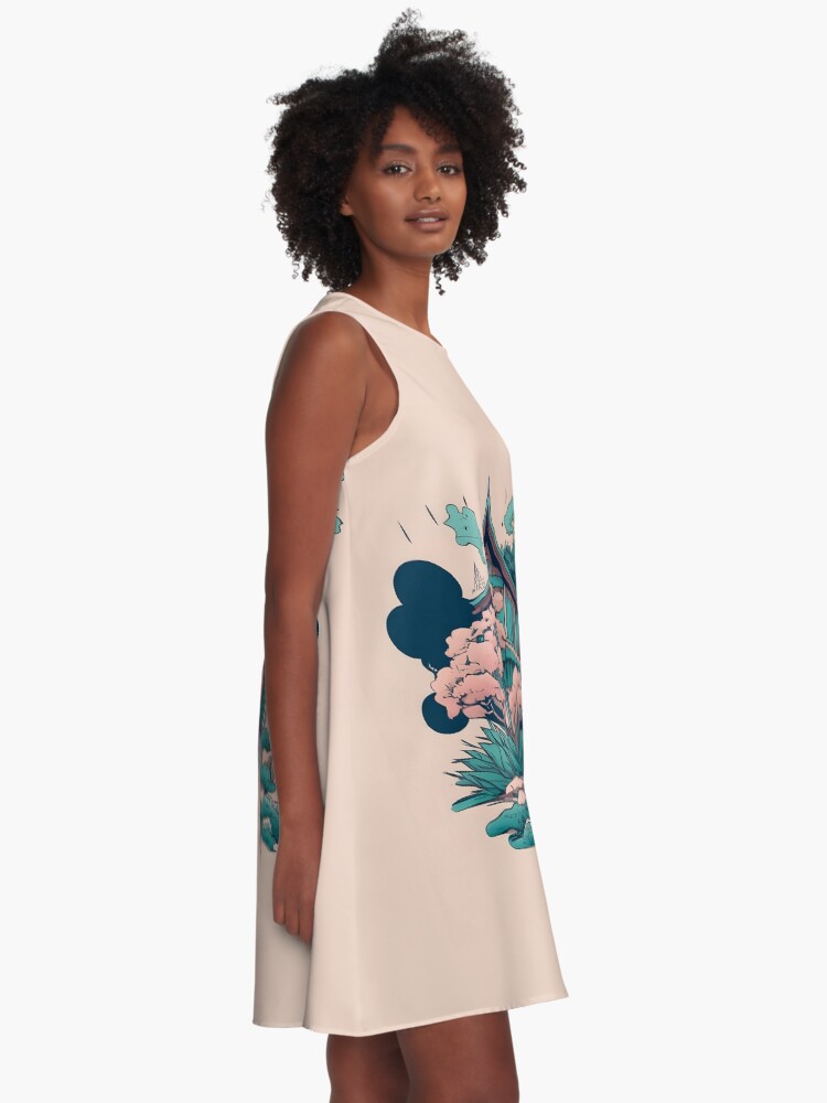 Thumbnail 2 of 4, A-Line Dress, Old Traditional Thailand house Baan, minimalistic ink drawing designed and sold by Patricks-Art.