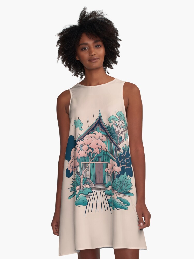Thumbnail 1 of 4, A-Line Dress, Old Traditional Thailand house Baan, minimalistic ink drawing designed and sold by Patricks-Art.